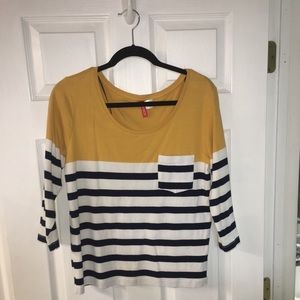 H&M mustard and striped 3/4 length top